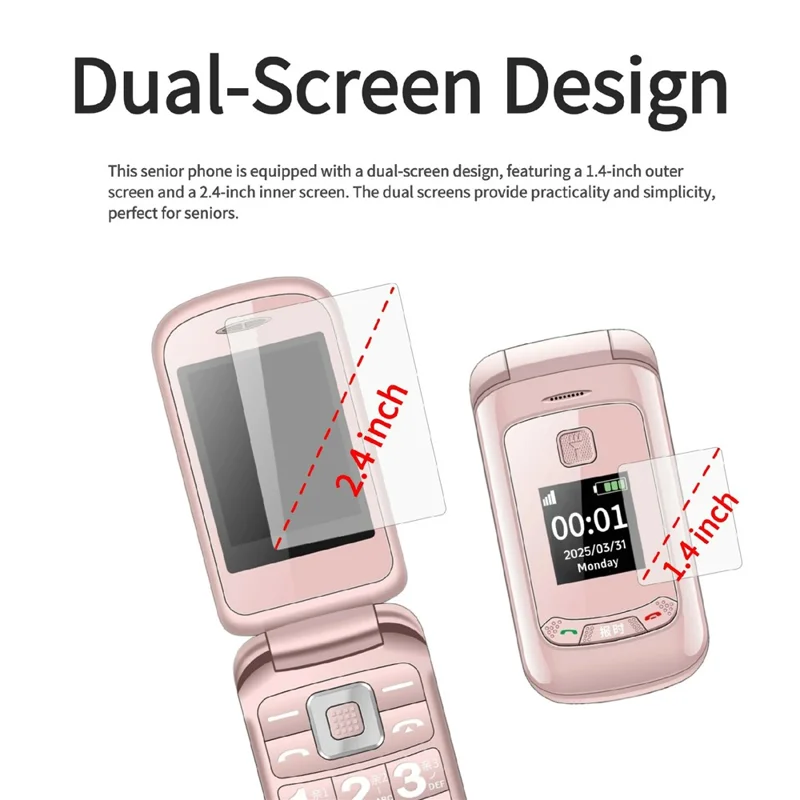G660 Dual Screen Flip Phone Large Keypad Long Battery Life SOS FM Radio MP3 Player 2G Phone - Pink