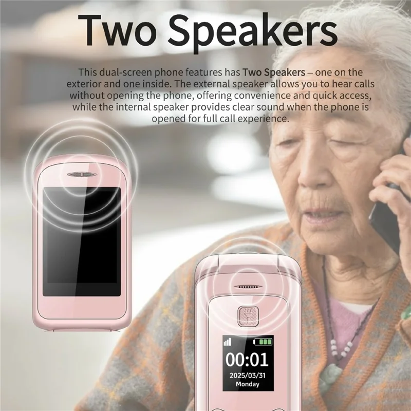 G660 Dual Screen Flip Phone Large Keypad Long Battery Life SOS FM Radio MP3 Player 2G Phone - Pink