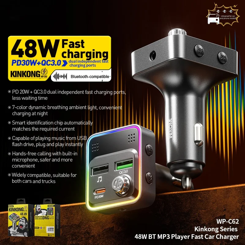 WEKOME WP-C62 48W Bluetooth-compatible MP3 Car Charger Fast Charging Dual USB Charger