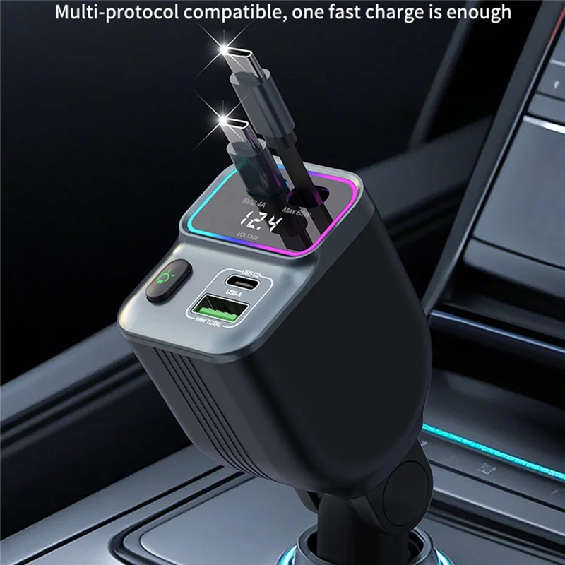 GC15 Monitor de Voltaje en Tiempo Real Cargador de Coche con Carga Rápida y Dobles Cables Retráctiles Tipo C
