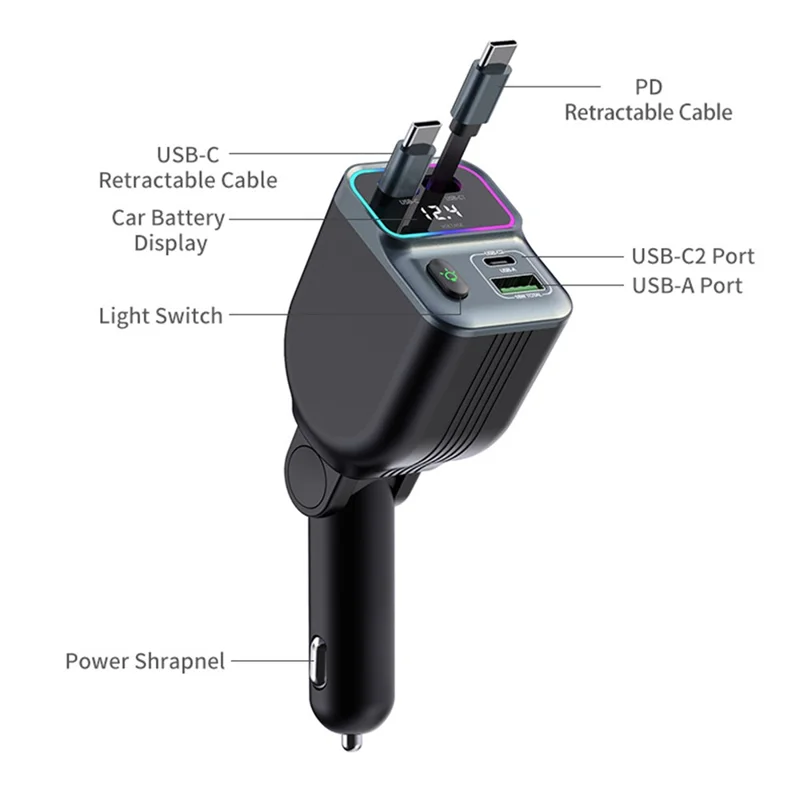 GC15 Monitor de Voltaje en Tiempo Real Cargador de Coche con Carga Rápida y Dobles Cables Retráctiles Tipo C