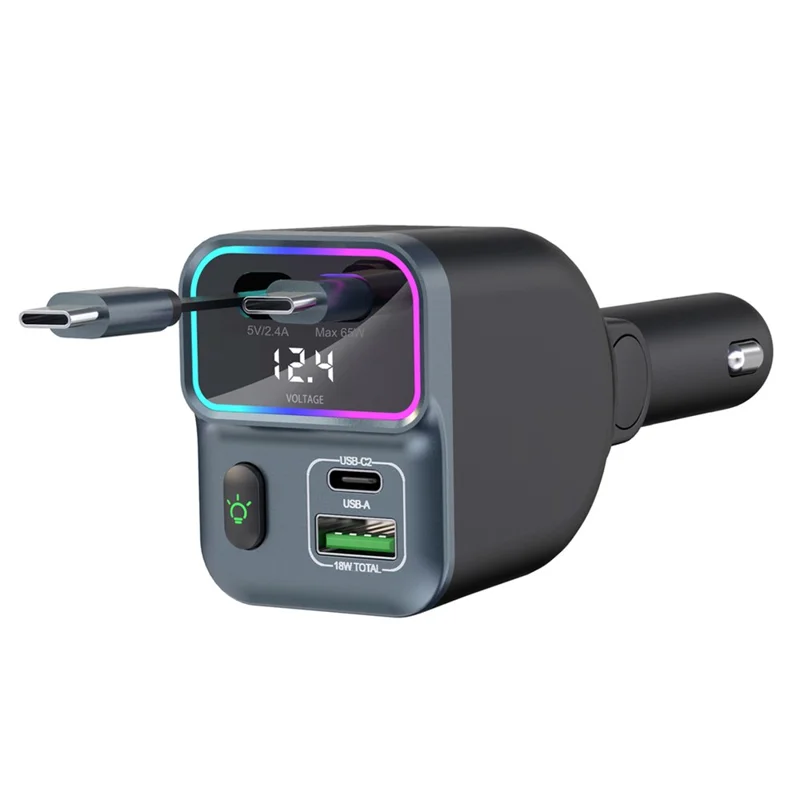 GC15 Monitor de Voltaje en Tiempo Real Cargador de Coche con Carga Rápida y Dobles Cables Retráctiles Tipo C