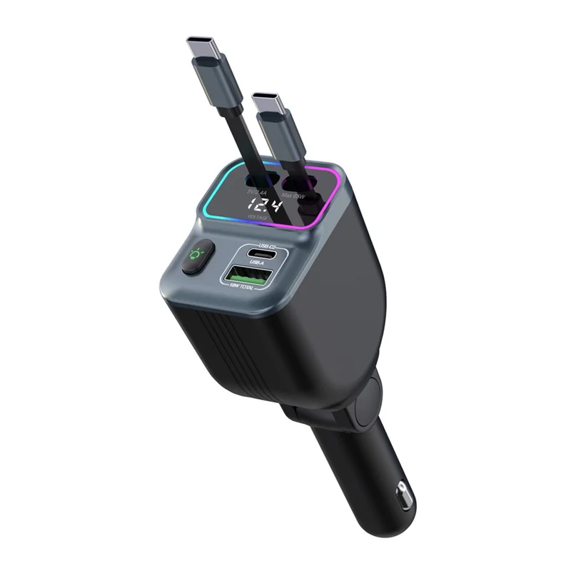 GC15 Monitor de Voltaje en Tiempo Real Cargador de Coche con Carga Rápida y Dobles Cables Retráctiles Tipo C