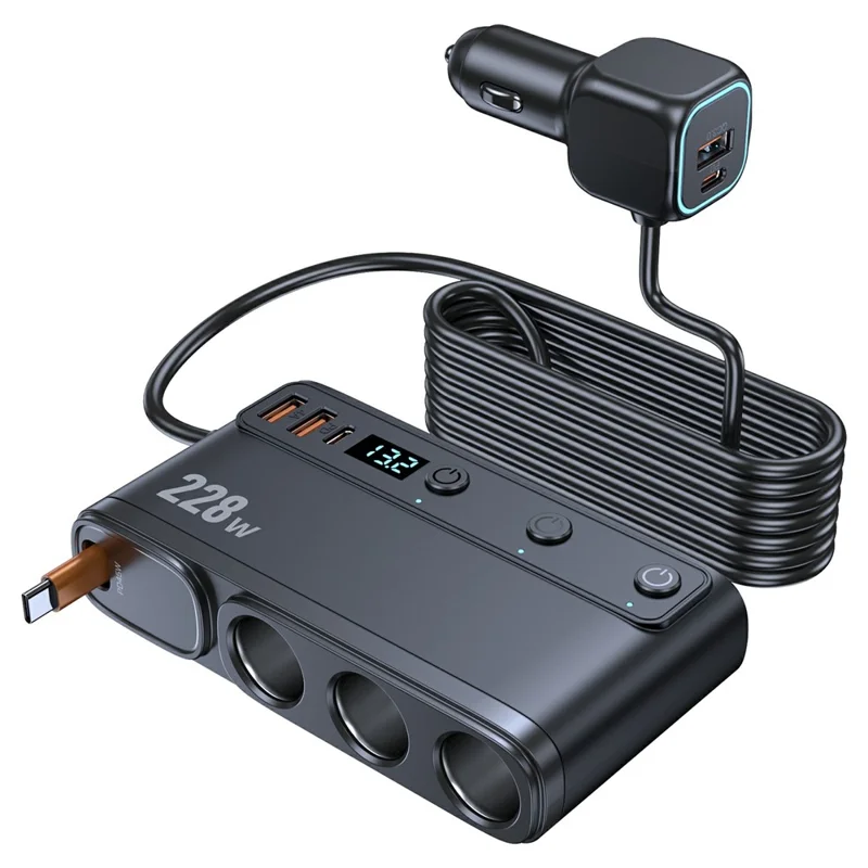 C35L 3 in 1 Cigarette Lighter Adapter Voltage Display 228W Fast Charging Car Charger with Retractable Cable