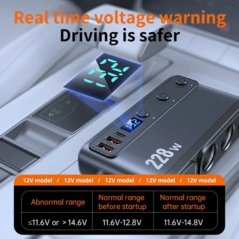 C35L 3 in 1 Cigarette Lighter Adapter Voltage Display 228W Fast Charging Car Charger with Retractable Cable