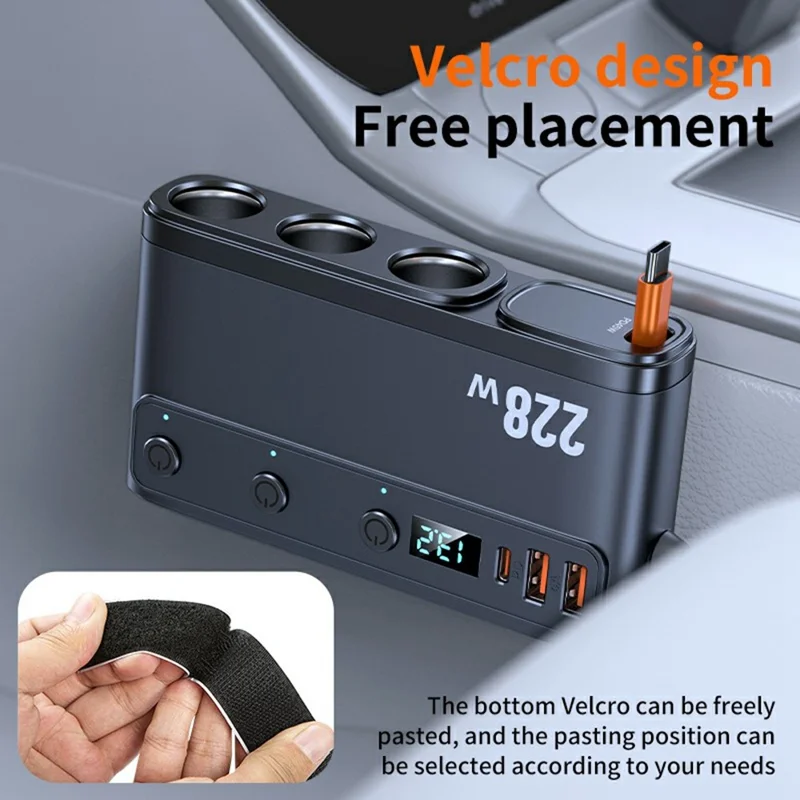 C35L 3 in 1 Cigarette Lighter Adapter Voltage Display 228W Fast Charging Car Charger with Retractable Cable