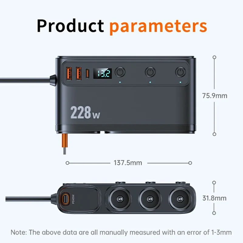 C35L 3 in 1 Cigarette Lighter Adapter Voltage Display 228W Fast Charging Car Charger with Retractable Cable