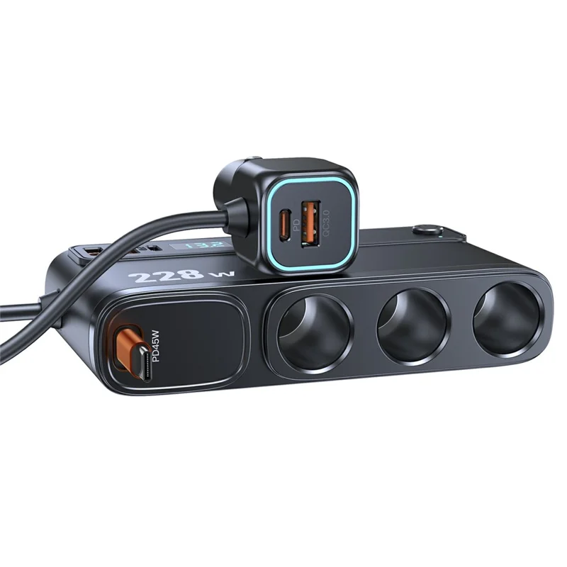 C35L 3 in 1 Cigarette Lighter Adapter Voltage Display 228W Fast Charging Car Charger with Retractable Cable