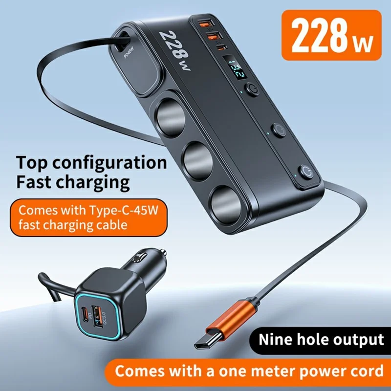 C35L 3 in 1 Cigarette Lighter Adapter Voltage Display 228W Fast Charging Car Charger with Retractable Cable