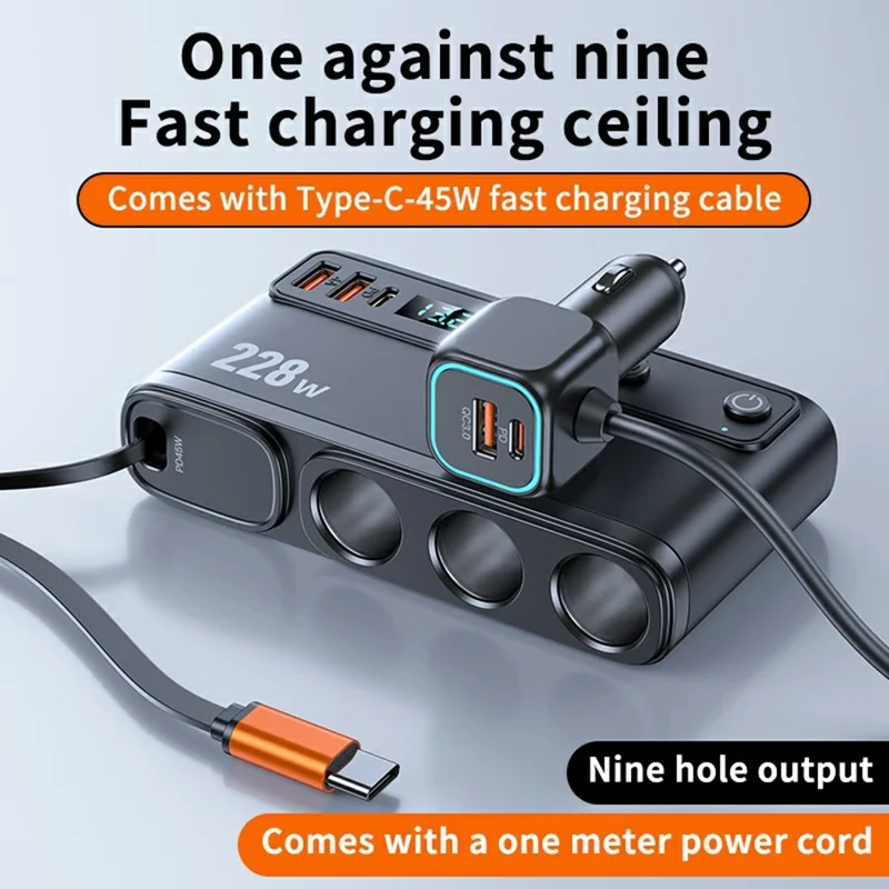 C35L 3 in 1 Cigarette Lighter Adapter Voltage Display 228W Fast Charging Car Charger with Retractable Cable