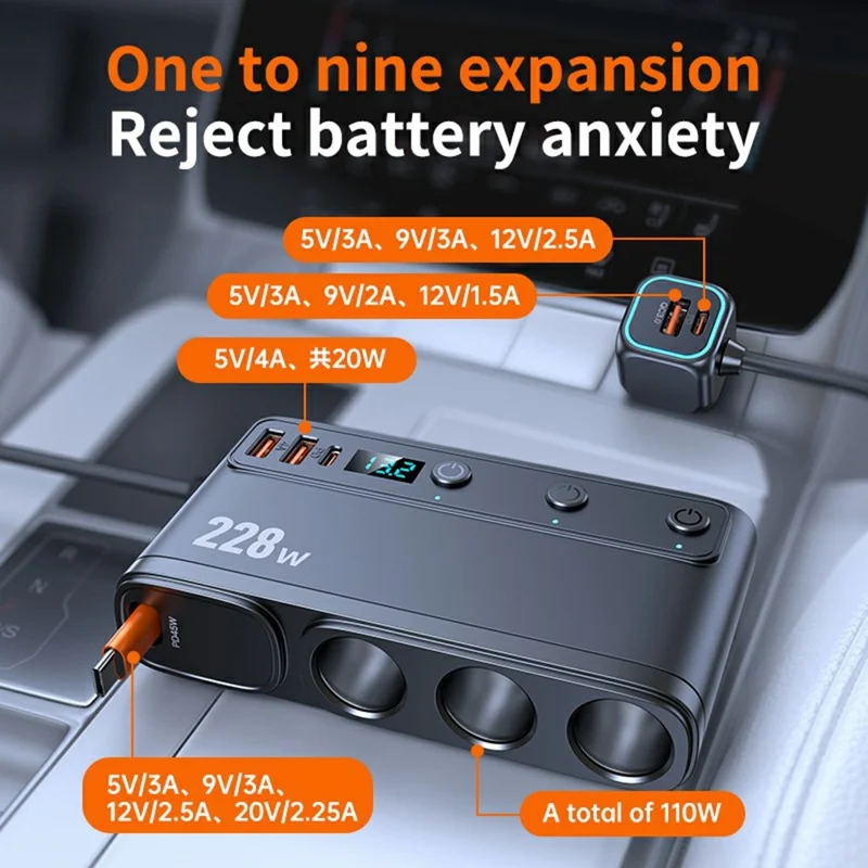 C35L 3 in 1 Cigarette Lighter Adapter Voltage Display 228W Fast Charging Car Charger with Retractable Cable