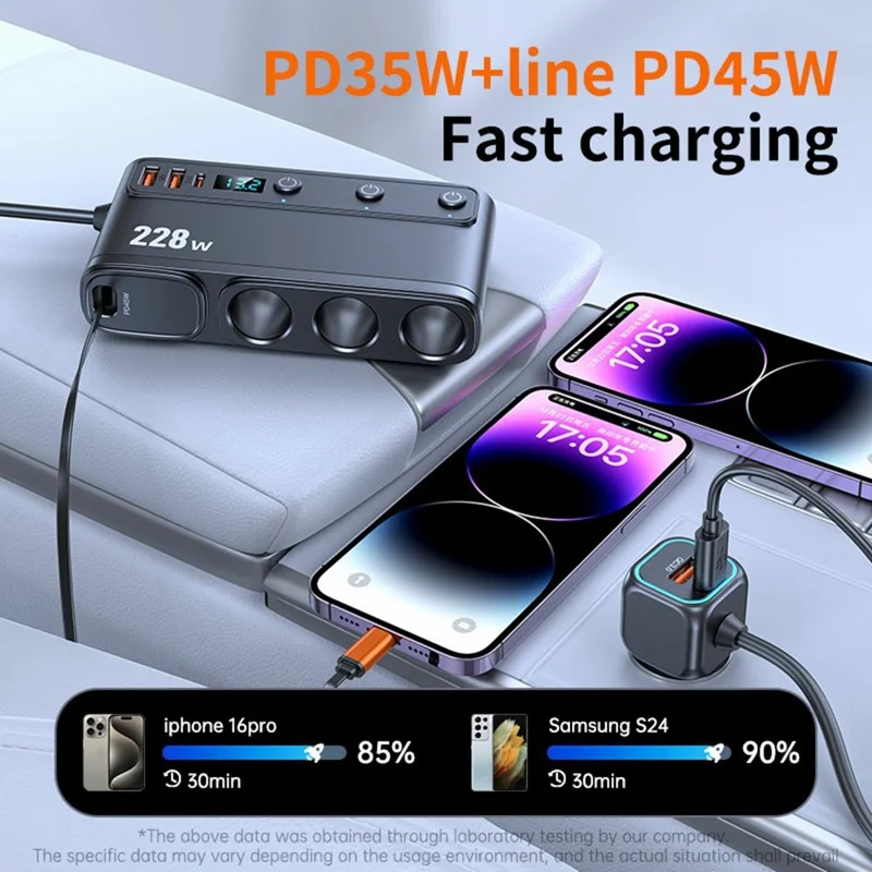 C35L 3 in 1 Cigarette Lighter Adapter Voltage Display 228W Fast Charging Car Charger with Retractable Cable