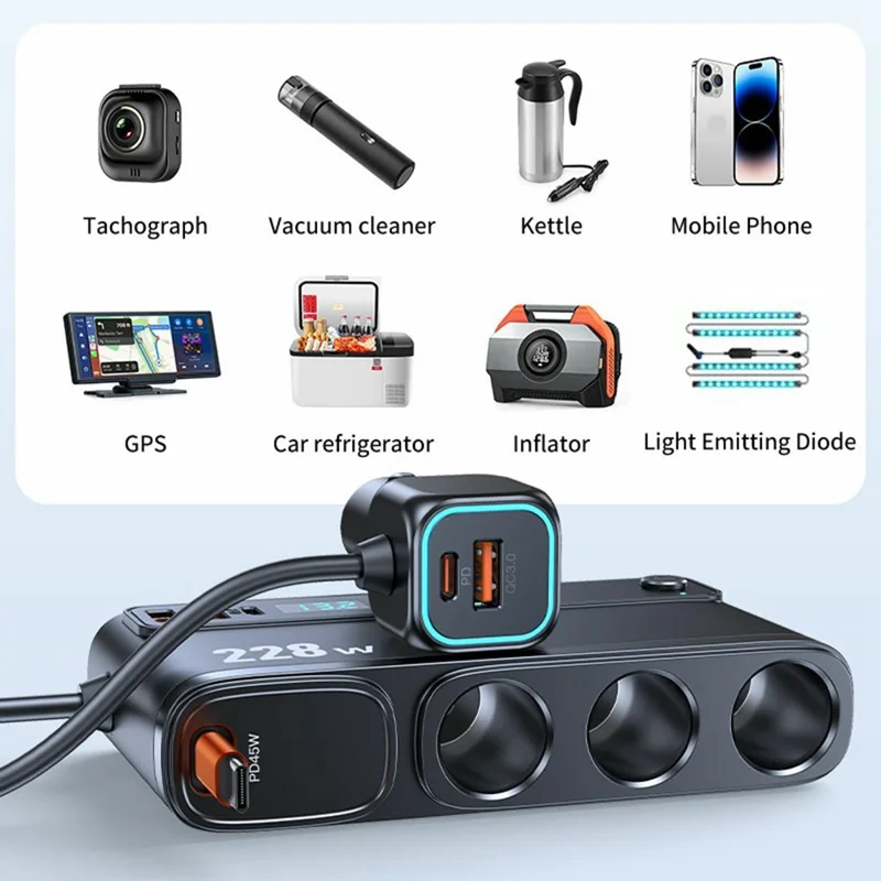 C35L 3 in 1 Cigarette Lighter Adapter Voltage Display 228W Fast Charging Car Charger with Retractable Cable