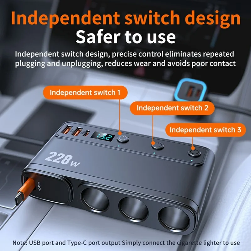 C35L 3 in 1 Cigarette Lighter Adapter Voltage Display 228W Fast Charging Car Charger with Retractable Cable