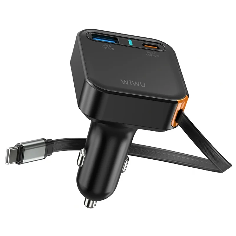 WIWU Wi-CC033 Helix USB A + Type C Car Charger 65W Fast Charging Adapter with Retractable USB C Cable