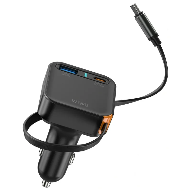 WIWU Wi-CC033 Helix USB A + Type C Car Charger 65W Fast Charging Adapter with Retractable USB C Cable
