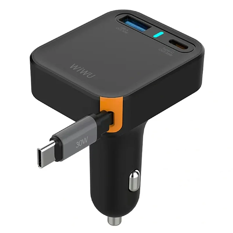 WIWU Wi-CC033 Helix USB A + Type C Car Charger 65W Fast Charging Adapter with Retractable USB C Cable