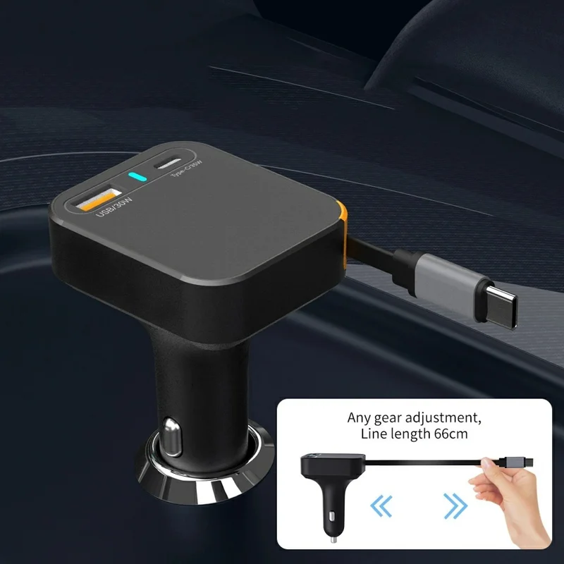 WIWU Wi-CC033 Helix USB A + Type C Car Charger 65W Fast Charging Adapter with Retractable USB C Cable