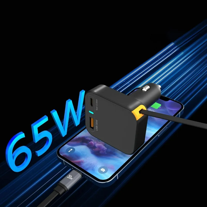 WIWU Wi-CC033 Helix USB A + Type C Car Charger 65W Fast Charging Adapter with Retractable USB C Cable