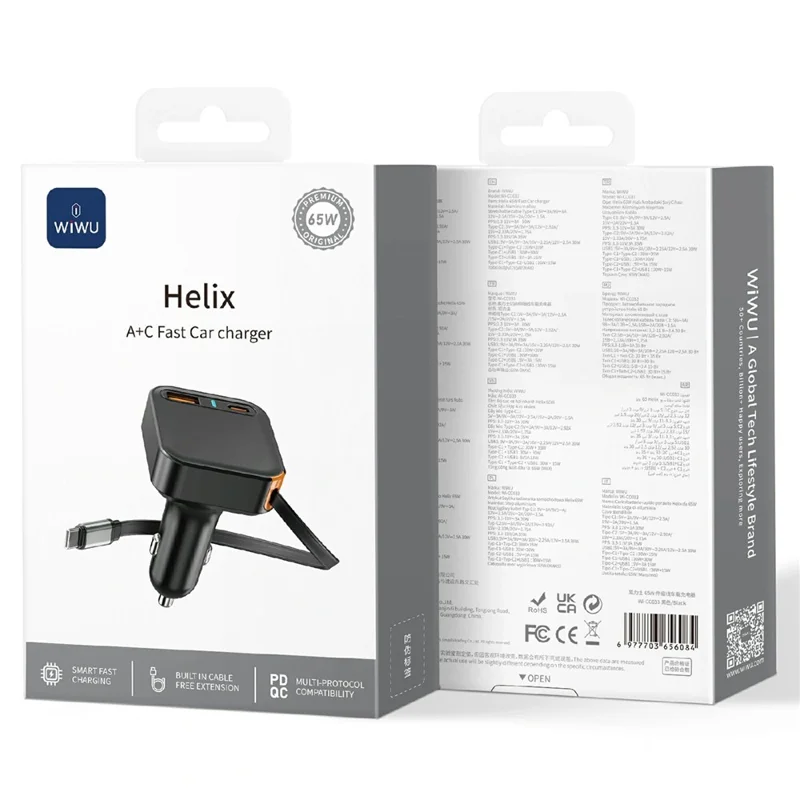 WIWU Wi-CC033 Helix USB A + Type C Car Charger 65W Fast Charging Adapter with Retractable USB C Cable