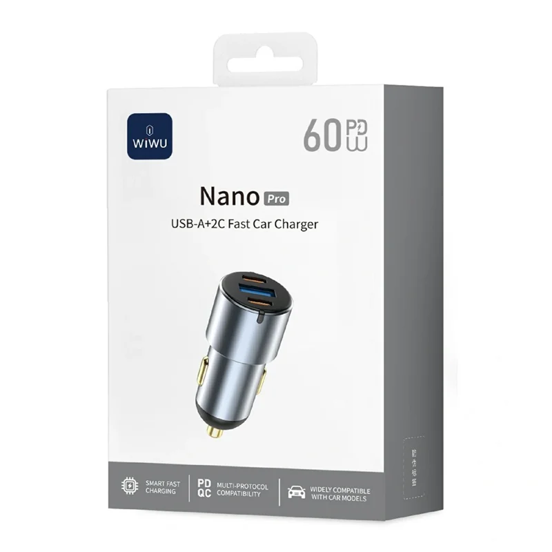 WIWU Wi-CC032 Nano Pro USB A + Dual Type C Aluminum Alloy Car Charger PD 60W Fast Charging Adapter