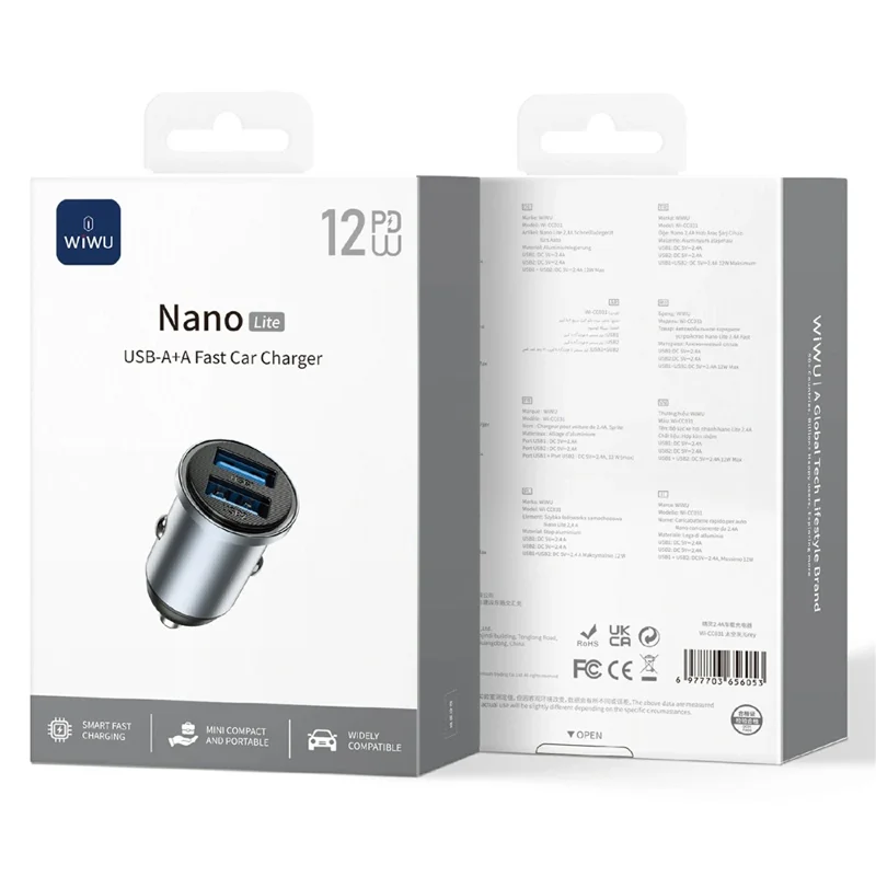 WIWU Wi?CC031 Nano Lite 12W Aluminum Alloy Car Charger Dual USB QC3.0 Fast Charging Adapter