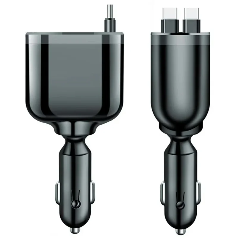 M4 5 in 1 Car Charger LED Digital Display USB + 2 Type-C Fast Charging Adapter with Dual Retractable Cable