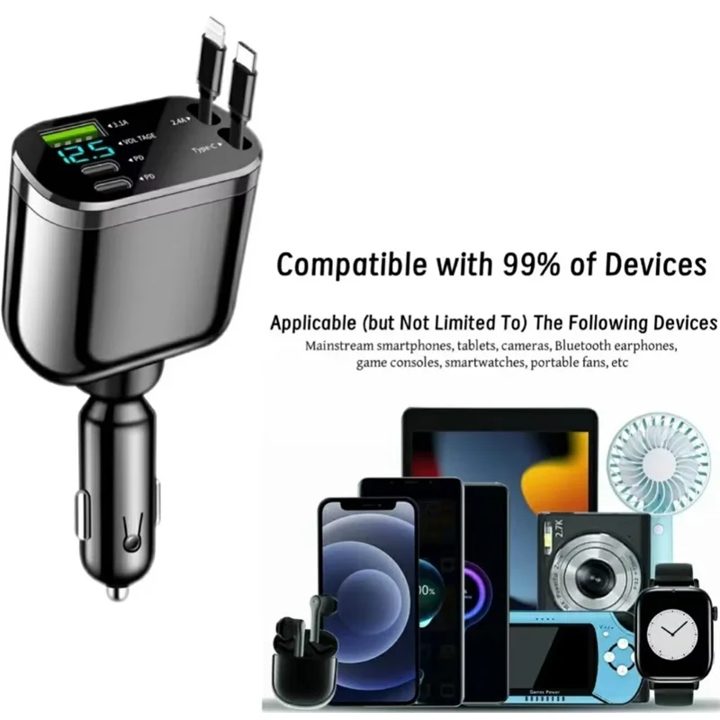 M4 5 in 1 Car Charger LED Digital Display USB + 2 Type-C Fast Charging Adapter with Dual Retractable Cable