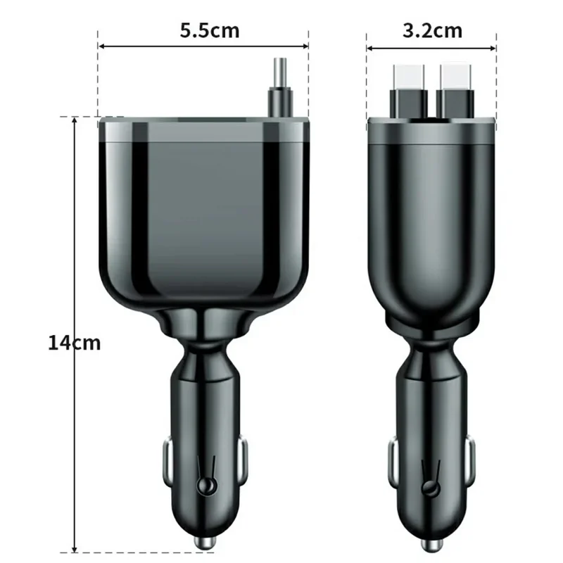 M4 5 in 1 Car Charger LED Digital Display USB + 2 Type-C Fast Charging Adapter with Dual Retractable Cable