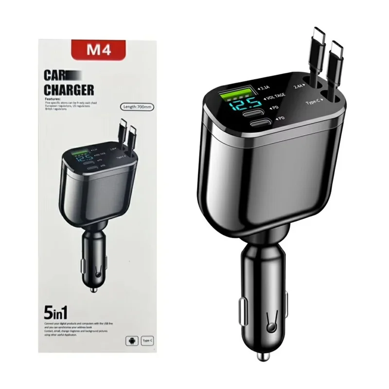 M4 5 in 1 Car Charger LED Digital Display USB + 2 Type-C Fast Charging Adapter with Dual Retractable Cable
