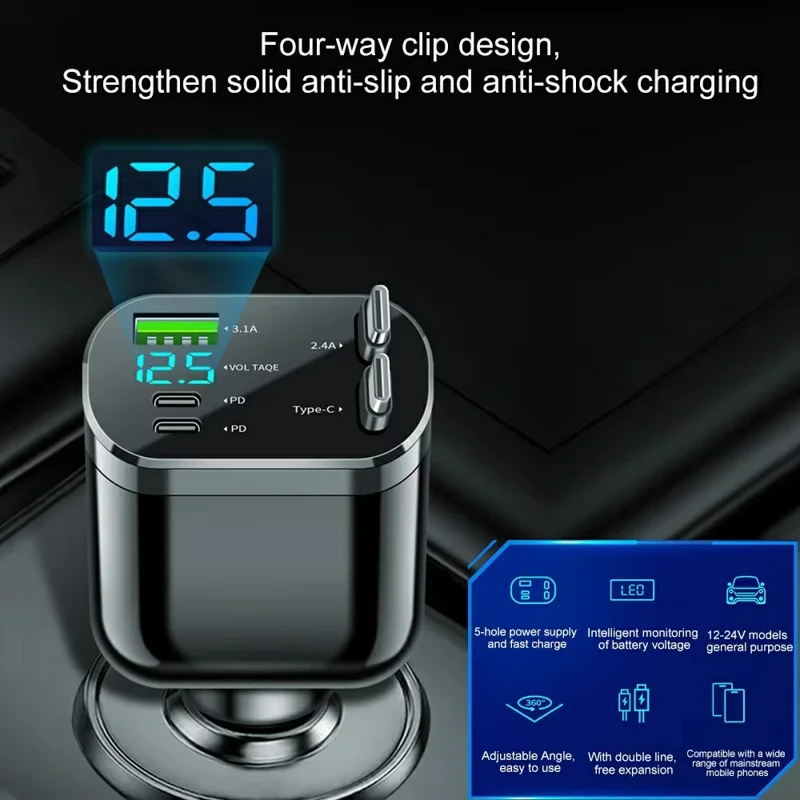 M4 5 in 1 Car Charger LED Digital Display USB + 2 Type-C Fast Charging Adapter with Dual Retractable Cable