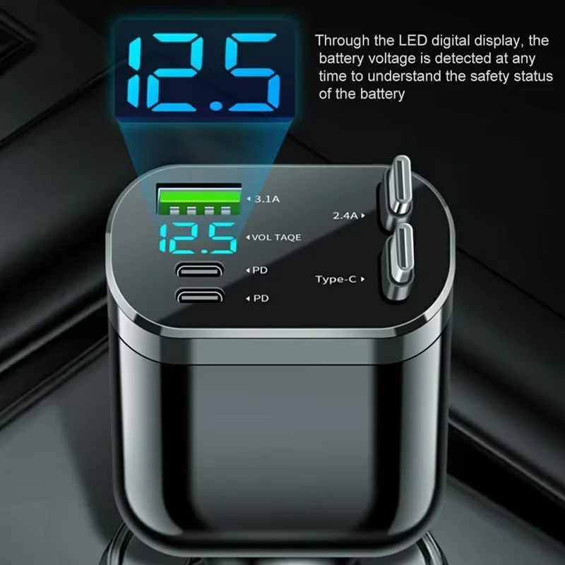 M4 5 in 1 Car Charger LED Digital Display USB + 2 Type-C Fast Charging Adapter with Dual Retractable Cable