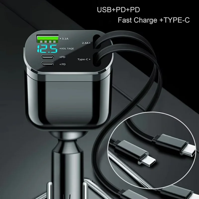 M4 5 in 1 Car Charger LED Digital Display USB + 2 Type-C Fast Charging Adapter with Dual Retractable Cable