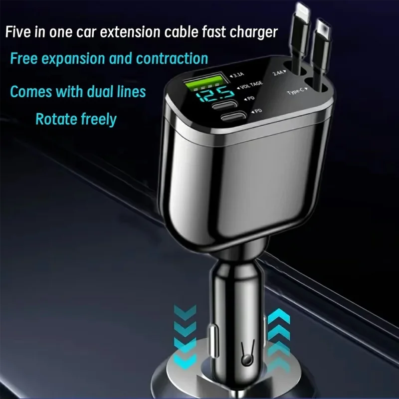 M4 5 in 1 Car Charger LED Digital Display USB + 2 Type-C Fast Charging Adapter with Dual Retractable Cable