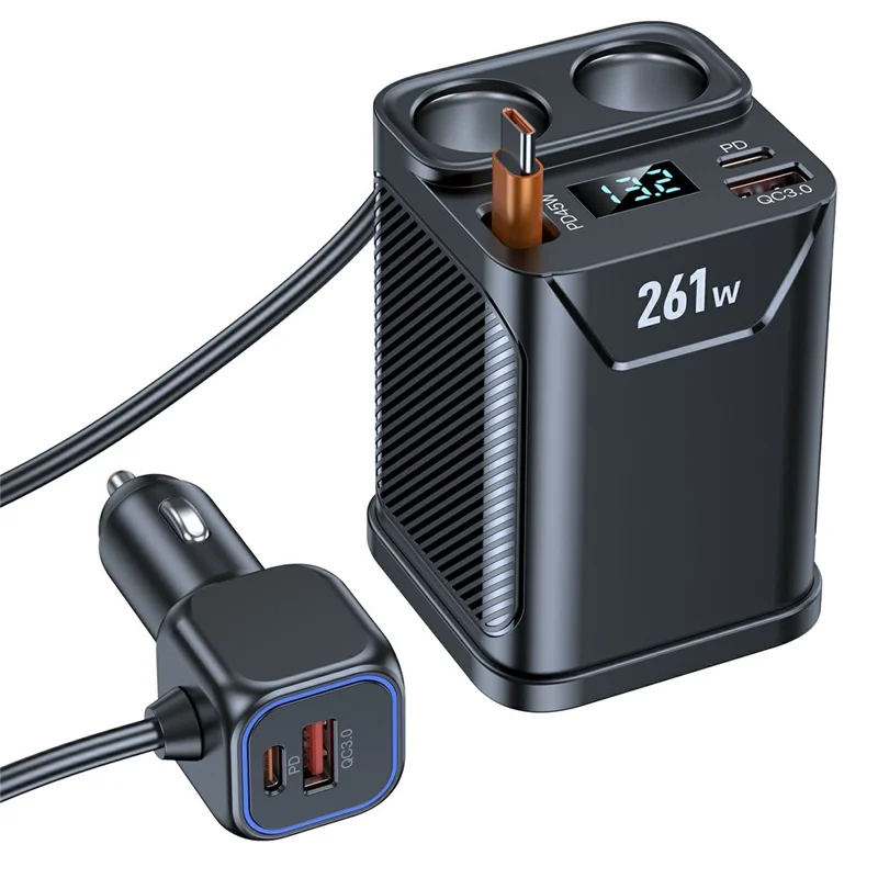261W Car Charger Dual Cigarette Lighter Socket For 7 Devices PD Fast Charging with Retractable Type-C Cable