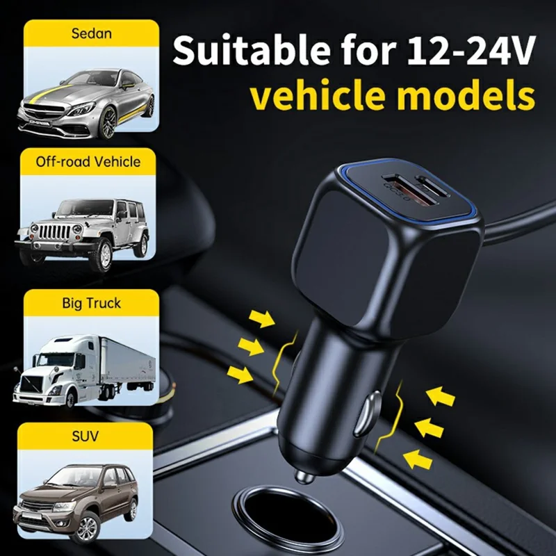 261W Car Charger Dual Cigarette Lighter Socket For 7 Devices PD Fast Charging with Retractable Type-C Cable
