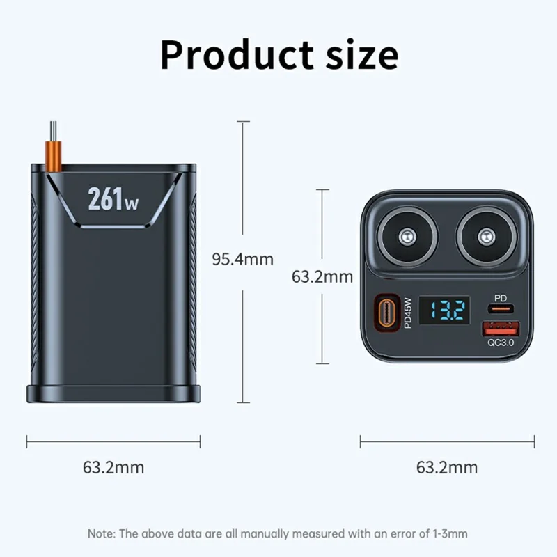 261W Car Charger Dual Cigarette Lighter Socket For 7 Devices PD Fast Charging with Retractable Type-C Cable