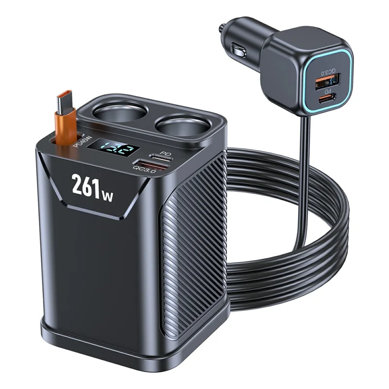 261W Car Charger Dual Cigarette Lighter Socket For 7 Devices PD Fast Charging with Retractable Type-C Cable
