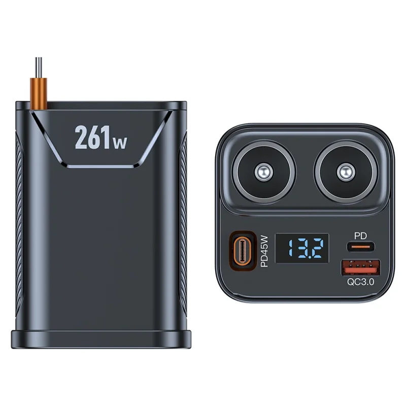 261W Car Charger Dual Cigarette Lighter Socket For 7 Devices PD Fast Charging with Retractable Type-C Cable