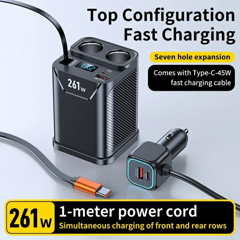 261W Car Charger Dual Cigarette Lighter Socket For 7 Devices PD Fast Charging with Retractable Type-C Cable
