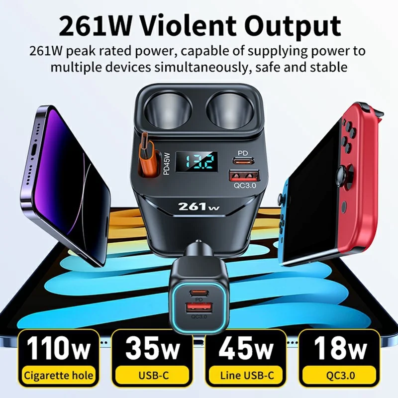 261W Car Charger Dual Cigarette Lighter Socket For 7 Devices PD Fast Charging with Retractable Type-C Cable