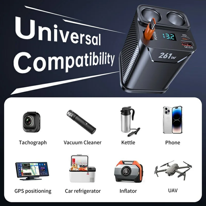 261W Car Charger Dual Cigarette Lighter Socket For 7 Devices PD Fast Charging with Retractable Type-C Cable