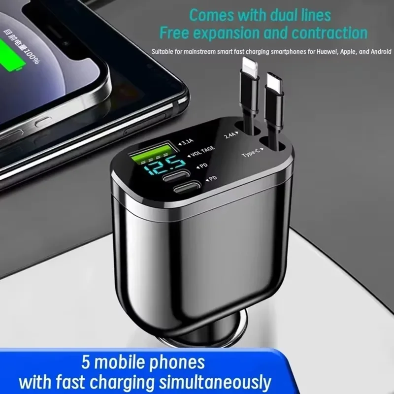 M4 5 in 1 Car Charger USB + 2 Type-C Fast Charging Digital Display Adapter with 8-Pin + Type-C Retractable Cable