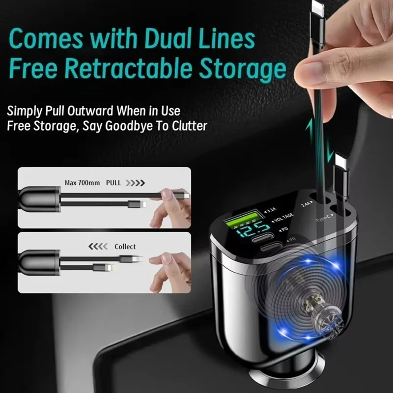 M4 5 in 1 Car Charger USB + 2 Type-C Fast Charging Digital Display Adapter with 8-Pin + Type-C Retractable Cable