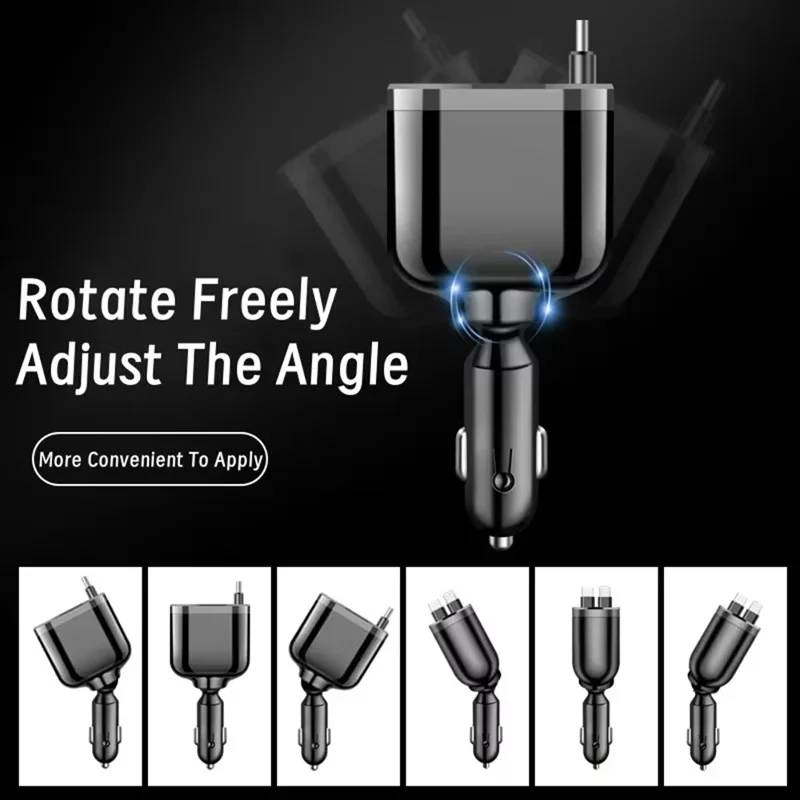 M4 5 in 1 Car Charger USB + 2 Type-C Fast Charging Digital Display Adapter with 8-Pin + Type-C Retractable Cable