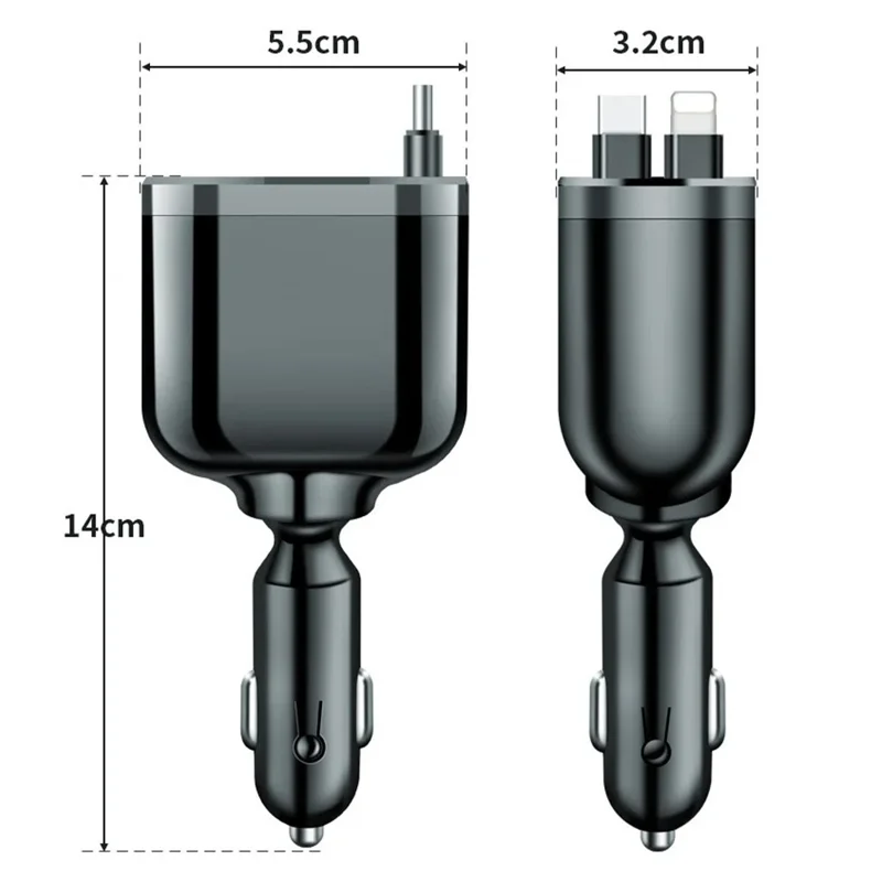 M4 5 in 1 Car Charger USB + 2 Type-C Fast Charging Digital Display Adapter with 8-Pin + Type-C Retractable Cable