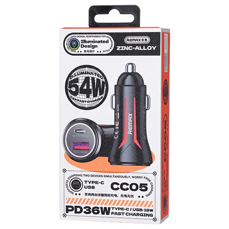 Chargeur de voiture REMAX CC05 54W en alliage de zinc USB + Type-C Adaptateur de charge rapide avec indicateur LED