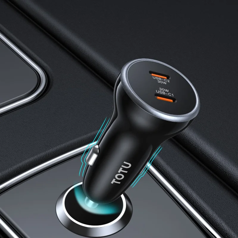 TOTU CC-6 Быстрое автомобильное зарядное устройство Адаптер с двумя портами USB-C 60 Вт Автомобильное зарядное устройство для телефона с прикуривателем