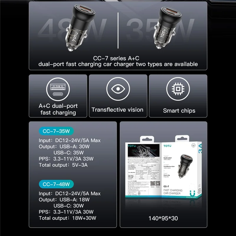 TOTU CC-7-35W Car Phone Charger USB-A + USB-C Dual Ports 35W Fast Charging Socket Cigarette Lighter