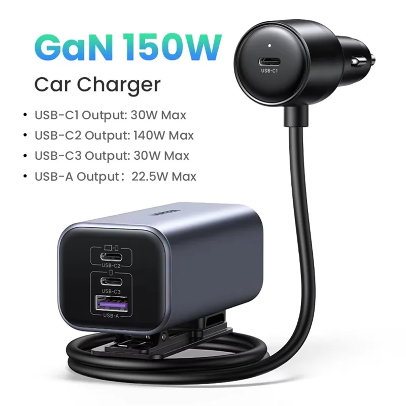 UGREEN 35027 GaN 150W Car Charger 3 USB-C + 1 USB-A Fast Charging Adapter with Extension Cable